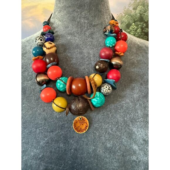 Jewelry - vintage Chico'sWood, Glass. Resin Two Stand Statement Leather Necklace